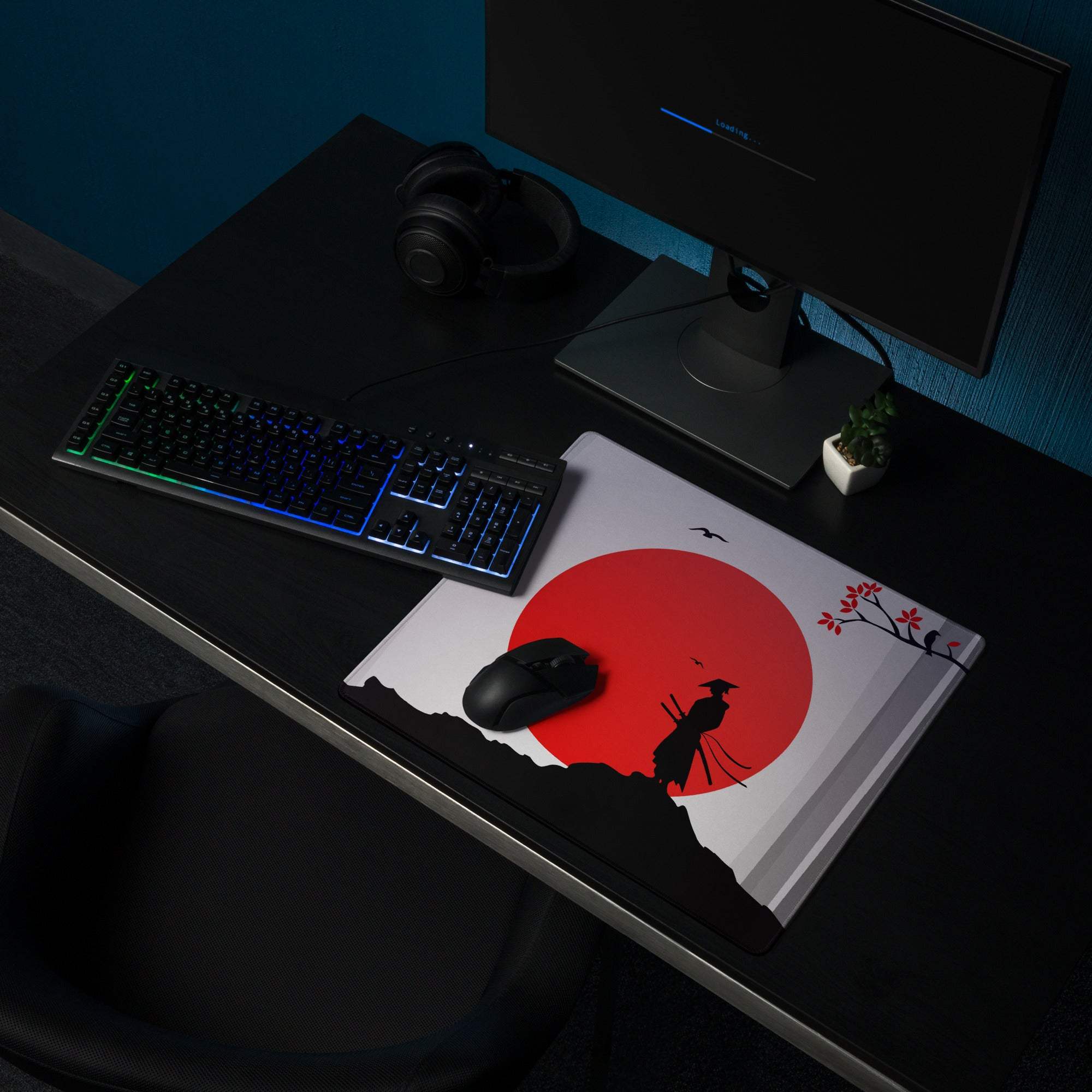 Red Sun Samurai Desk Pad - Samurai Silhouette Red Black Gray Gaming Pad Dramatic Zen Minimalist Papercut