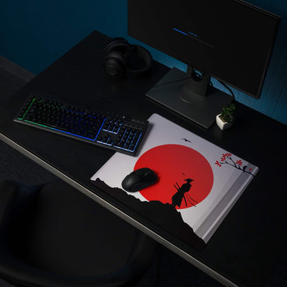 Red Sun Samurai Desk Pad - Samurai Silhouette Red Black Gray Gaming Pad Dramatic Zen Minimalist Papercut