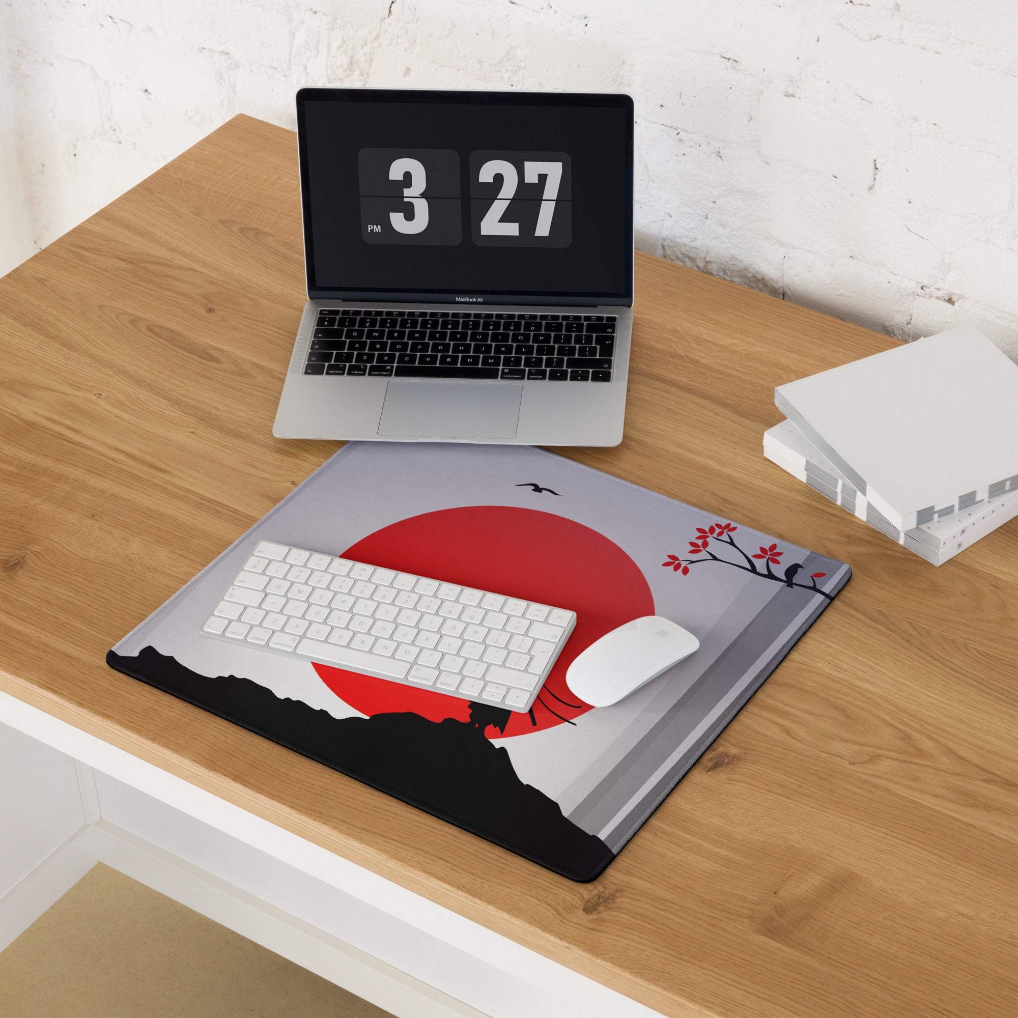 Red Sun Samurai Desk Pad - Samurai Silhouette Red Black Gray Gaming Pad Dramatic Zen Minimalist Papercut