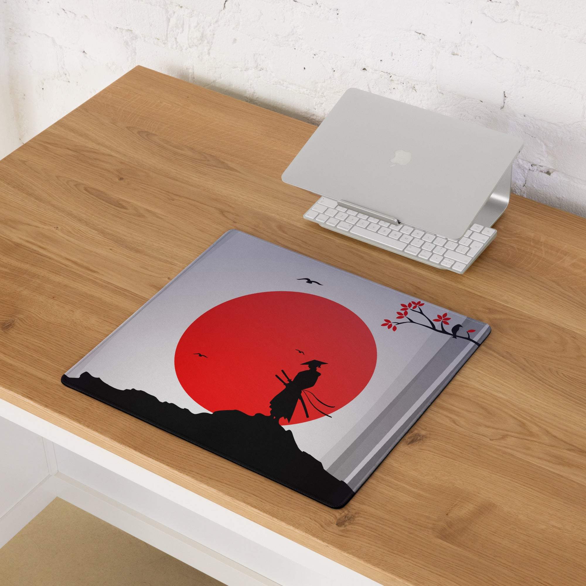 Red Sun Samurai Desk Pad - Samurai Silhouette Red Black Gray Gaming Pad Dramatic Zen Minimalist Papercut