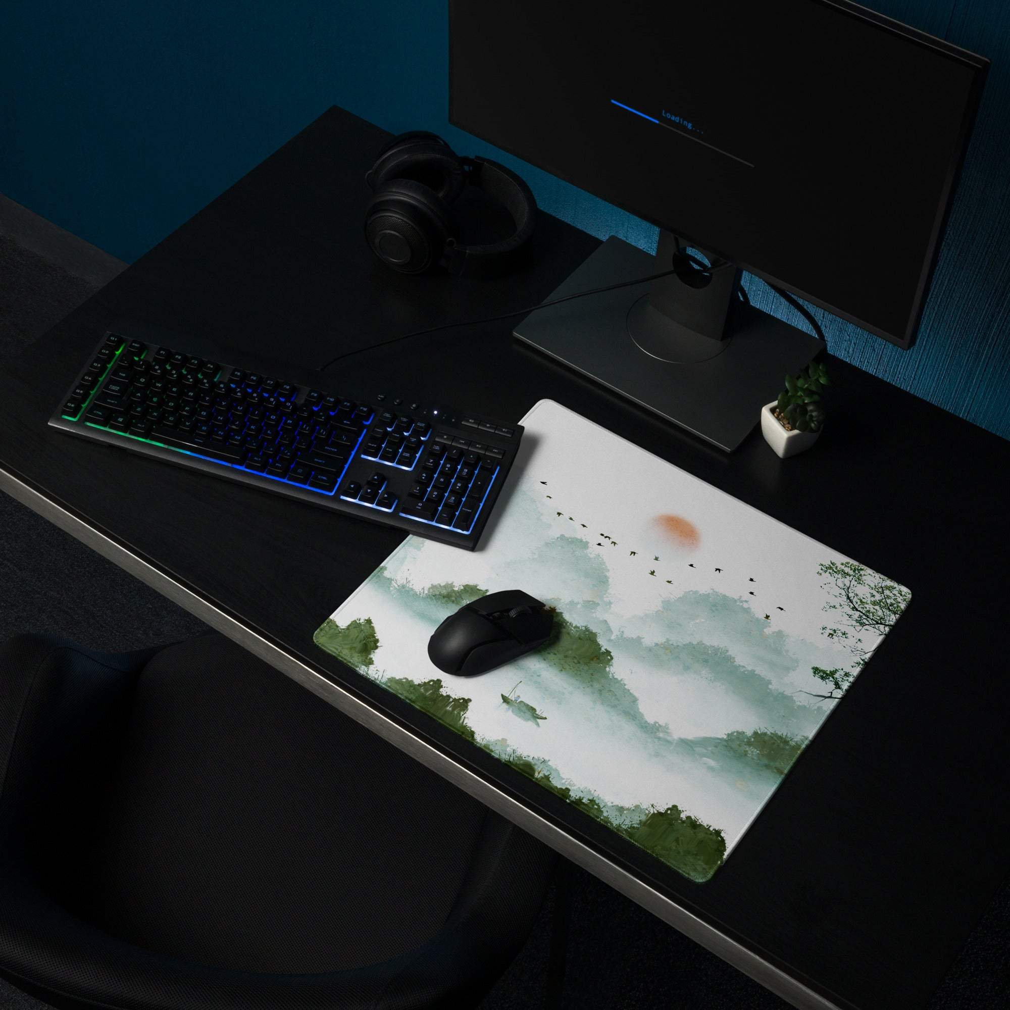 Verdant Mist Landscape Gaming Pad - Gaming Mouse Pad Green Blue Watercolor Calm Mood Nature Decor Desk Mat Watercolor