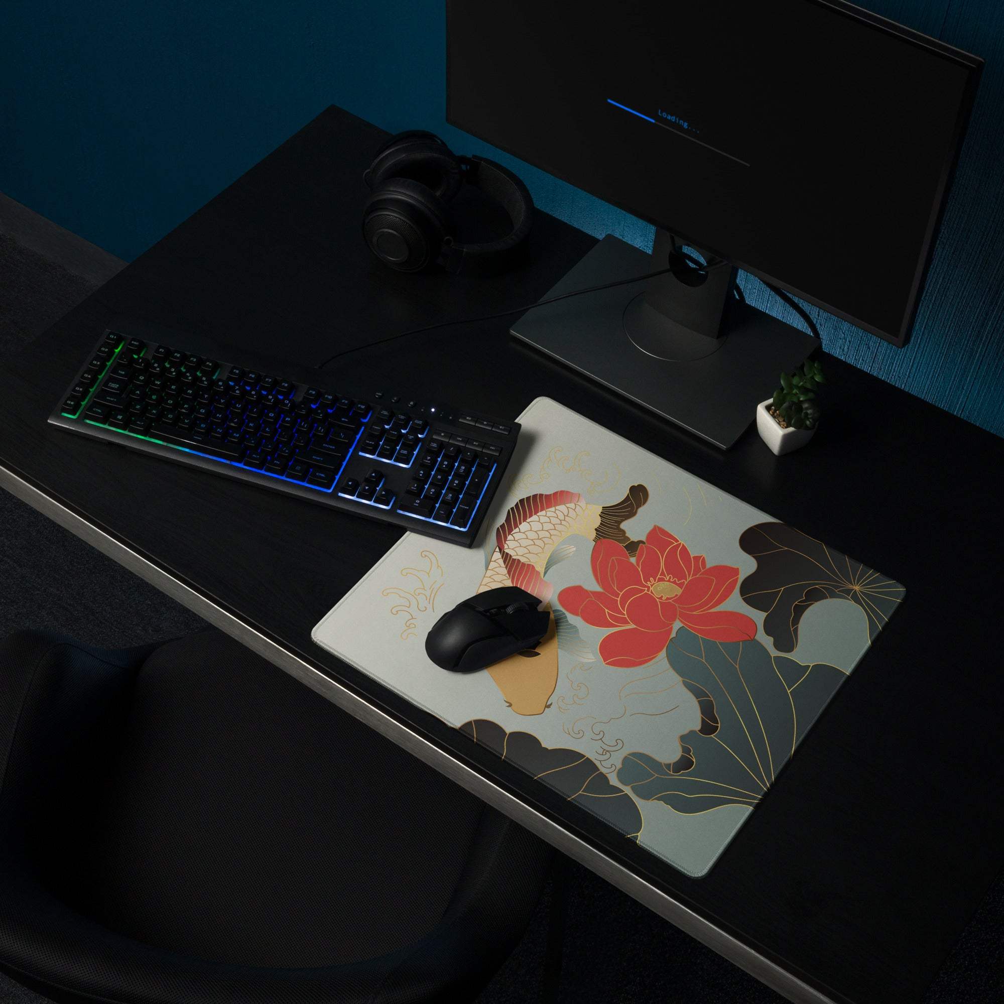 Koi Floral Gaming Mouse Pad - Gaming Mouse Pad Blue Gray Gold Desk Office Floral Koi Style Mood Calm Modern Decor Floral