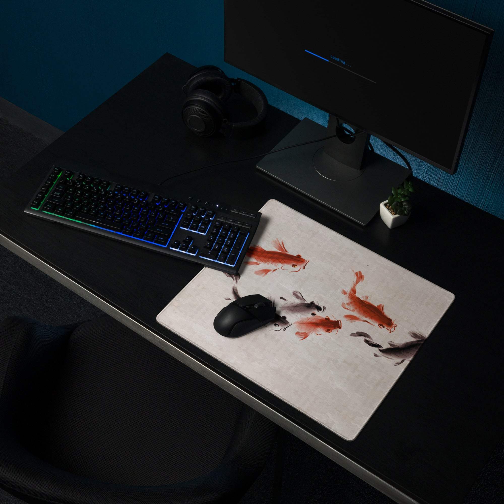 Koi Harmony Desk Mat - Koi Fish Beige Ink Wash Office Gaming Non-Slip Desk Mat - Calm Zen Mood Minimalist Japanese Decor