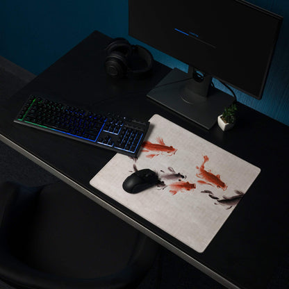 Koi Harmony Desk Mat - Koi Fish Beige Ink Wash Office Gaming Non-Slip Desk Mat - Calm Zen Mood Minimalist Japanese Decor