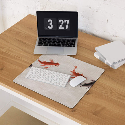 Koi Harmony Desk Mat - Koi Fish Beige Ink Wash Office Gaming Non-Slip Desk Mat - Calm Zen Mood Minimalist Japanese Decor