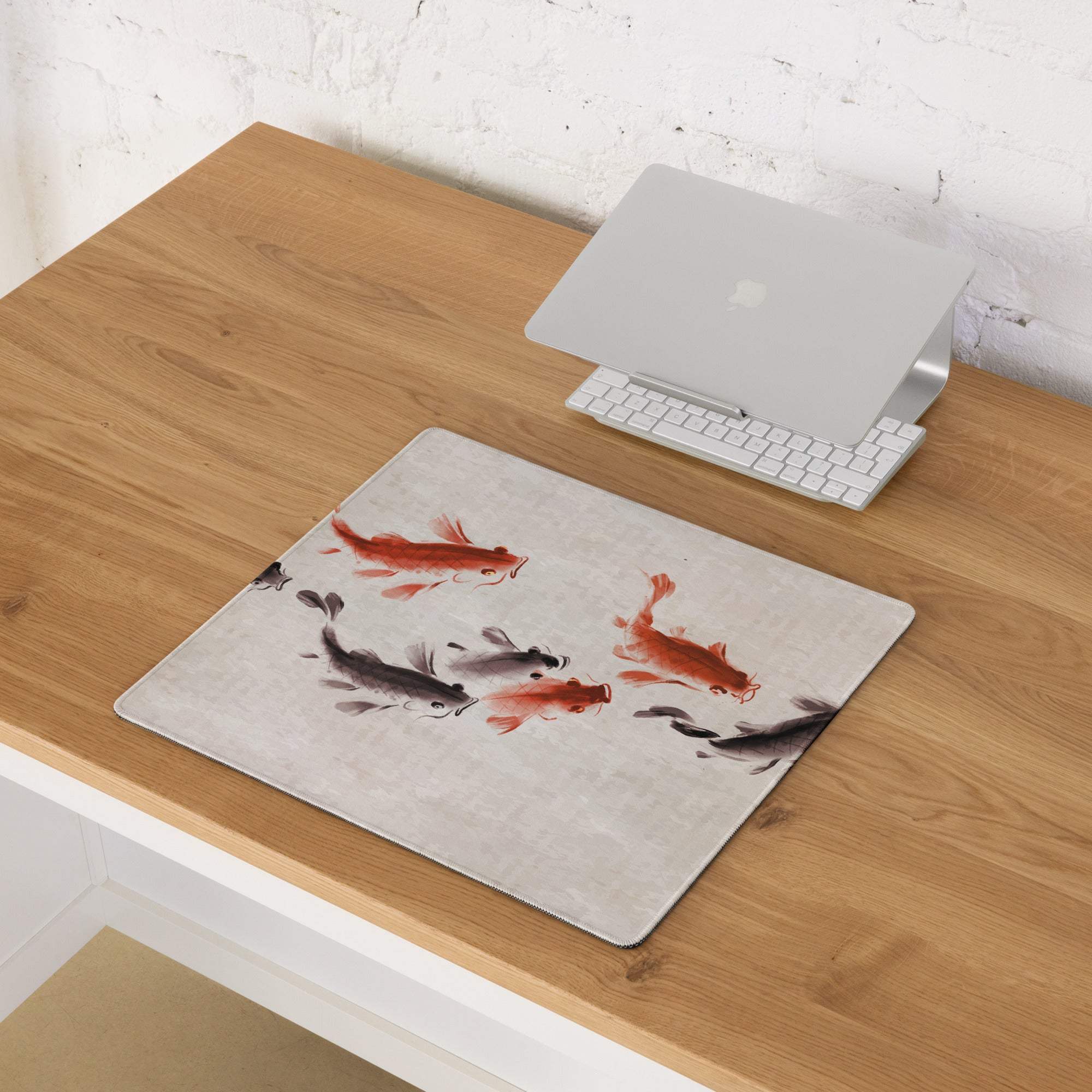 Koi Harmony Desk Mat - Koi Fish Beige Ink Wash Office Gaming Non-Slip Desk Mat - Calm Zen Mood Minimalist Japanese Decor