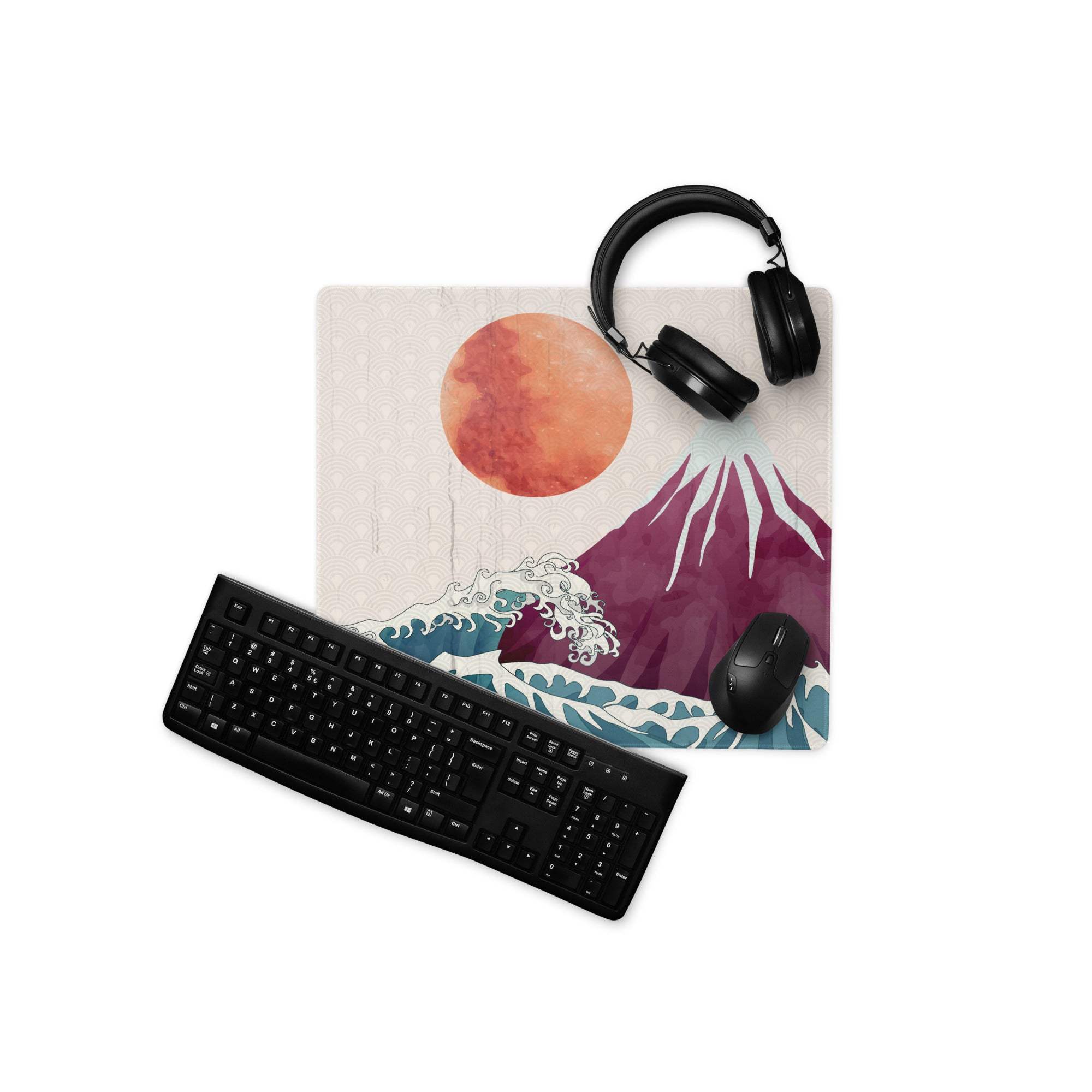Mount Fuji Wave Desk Pad - Mouse Pad Teal Orange Desk Ukiyoe Vibrant Mood Japanese Inspired Decor Style Print