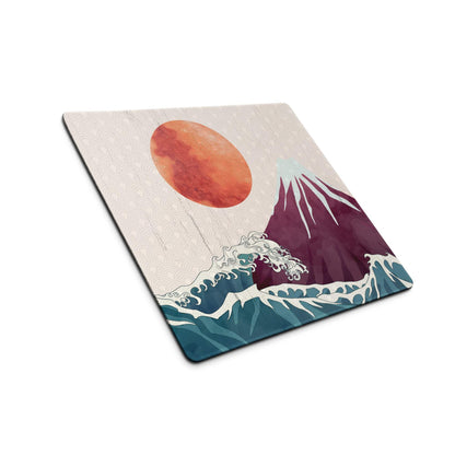 Mount Fuji Wave Desk Pad - Mouse Pad Teal Orange Desk Ukiyoe Vibrant Mood Japanese Inspired Decor Style Print