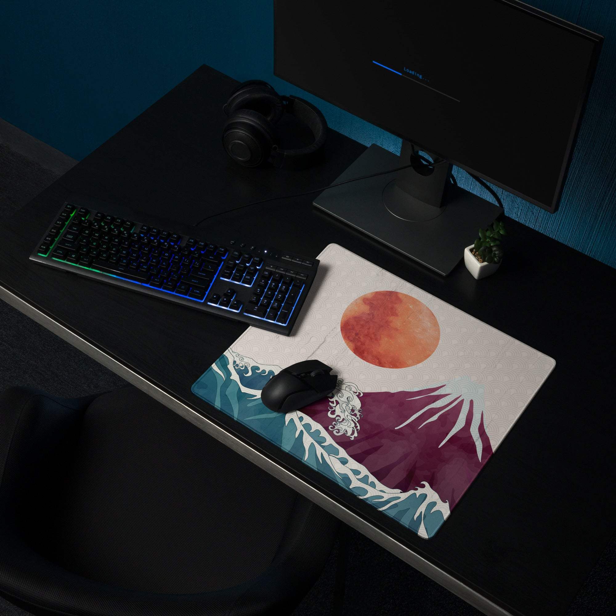 Mount Fuji Wave Desk Pad - Mouse Pad Teal Orange Desk Ukiyoe Vibrant Mood Japanese Inspired Decor Style Print