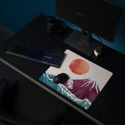 Mount Fuji Wave Desk Pad - Mouse Pad Teal Orange Desk Ukiyoe Vibrant Mood Japanese Inspired Decor Style Print