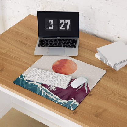 Mount Fuji Wave Desk Pad - Mouse Pad Teal Orange Desk Ukiyoe Vibrant Mood Japanese Inspired Decor Style Print