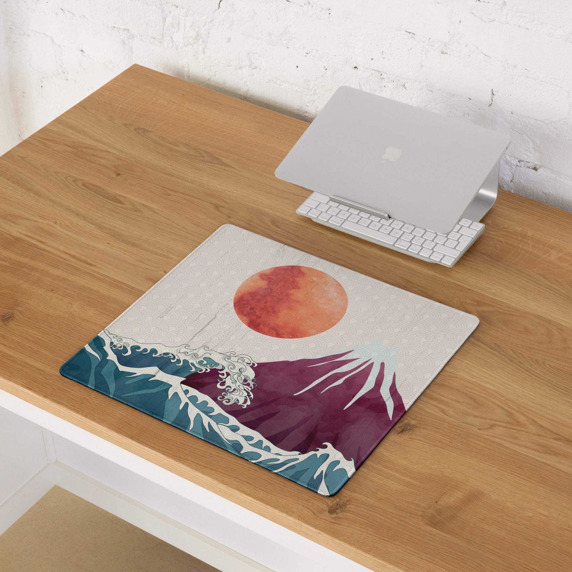 Mount Fuji Wave Desk Pad - Mouse Pad Teal Orange Desk Ukiyoe Vibrant Mood Japanese Inspired Decor Style Print