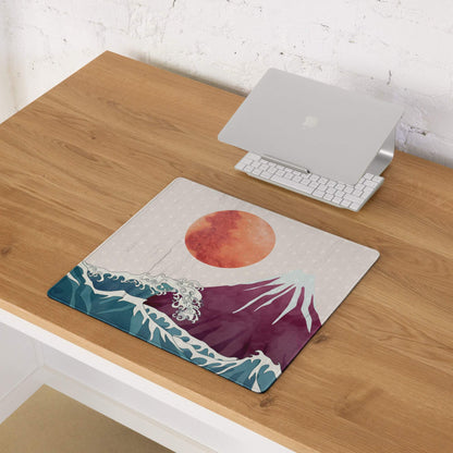 Mount Fuji Wave Desk Pad - Mouse Pad Teal Orange Desk Ukiyoe Vibrant Mood Japanese Inspired Decor Style Print