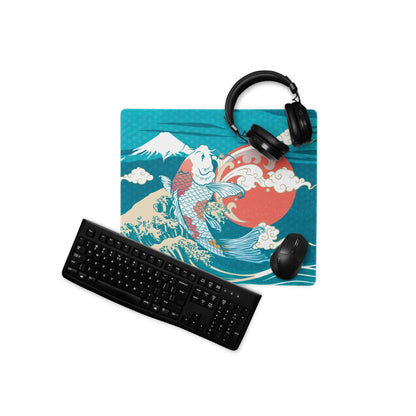 Koi Waves Gaming Mouse Pad - Koi Waves Mouse Pad Blue Teal Red Gaming Desk Ukiyoe Vibrant Mood Modern Desk Mat