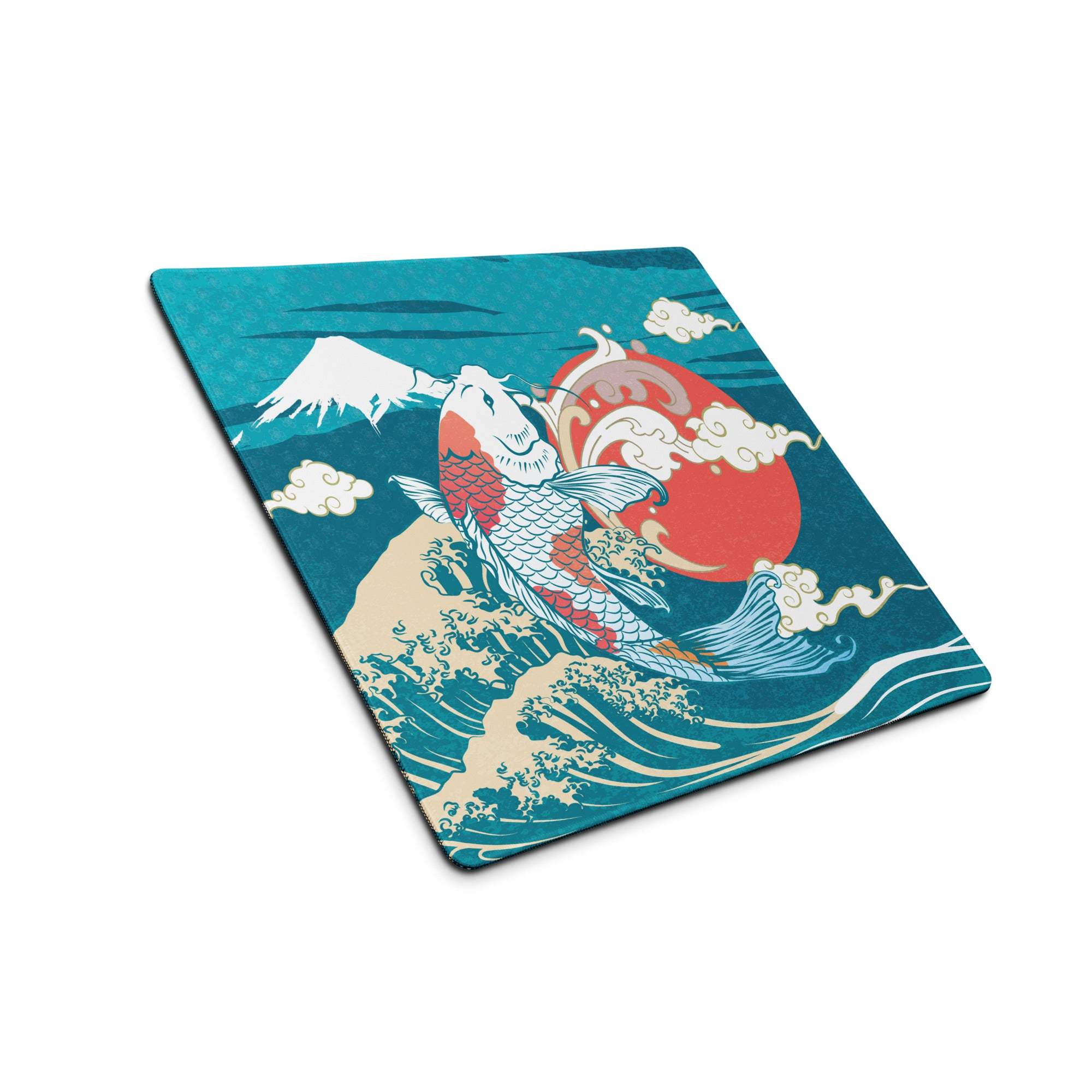 Koi Waves Gaming Mouse Pad - Koi Waves Mouse Pad Blue Teal Red Gaming Desk Ukiyoe Vibrant Mood Modern Desk Mat