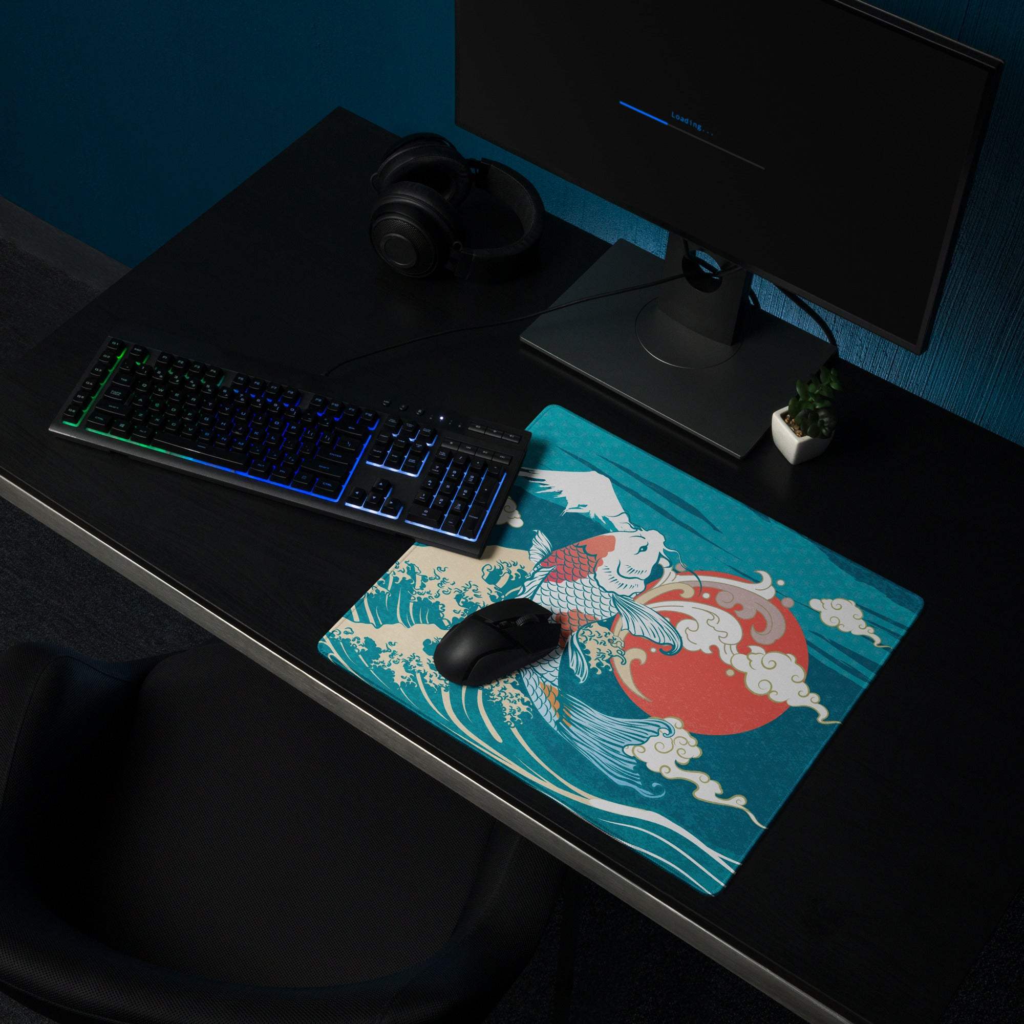 Koi Waves Gaming Mouse Pad - Koi Waves Mouse Pad Blue Teal Red Gaming Desk Ukiyoe Vibrant Mood Modern Desk Mat