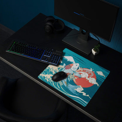 Koi Waves Gaming Mouse Pad - Koi Waves Mouse Pad Blue Teal Red Gaming Desk Ukiyoe Vibrant Mood Modern Desk Mat