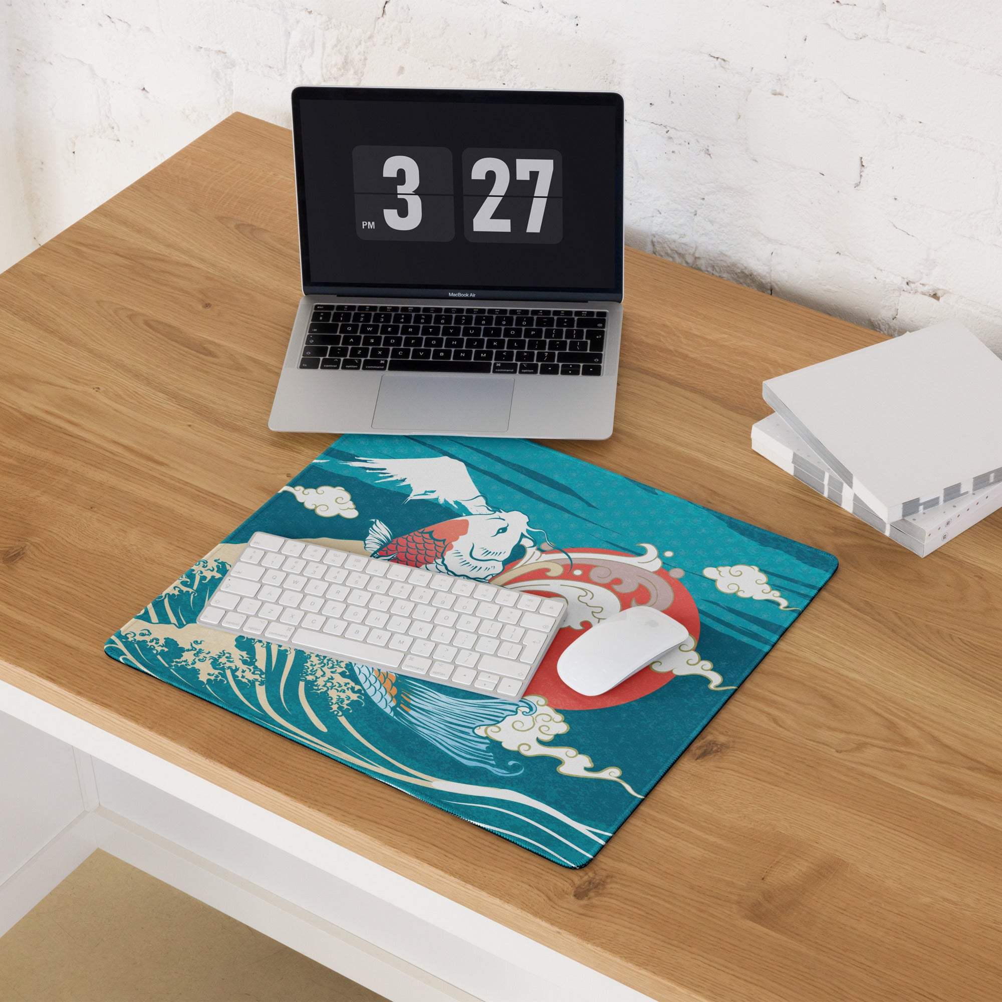 Koi Waves Gaming Mouse Pad - Koi Waves Mouse Pad Blue Teal Red Gaming Desk Ukiyoe Vibrant Mood Modern Desk Mat