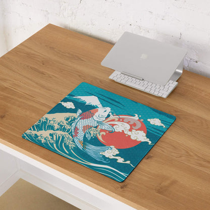 Koi Waves Gaming Mouse Pad - Koi Waves Mouse Pad Blue Teal Red Gaming Desk Ukiyoe Vibrant Mood Modern Desk Mat