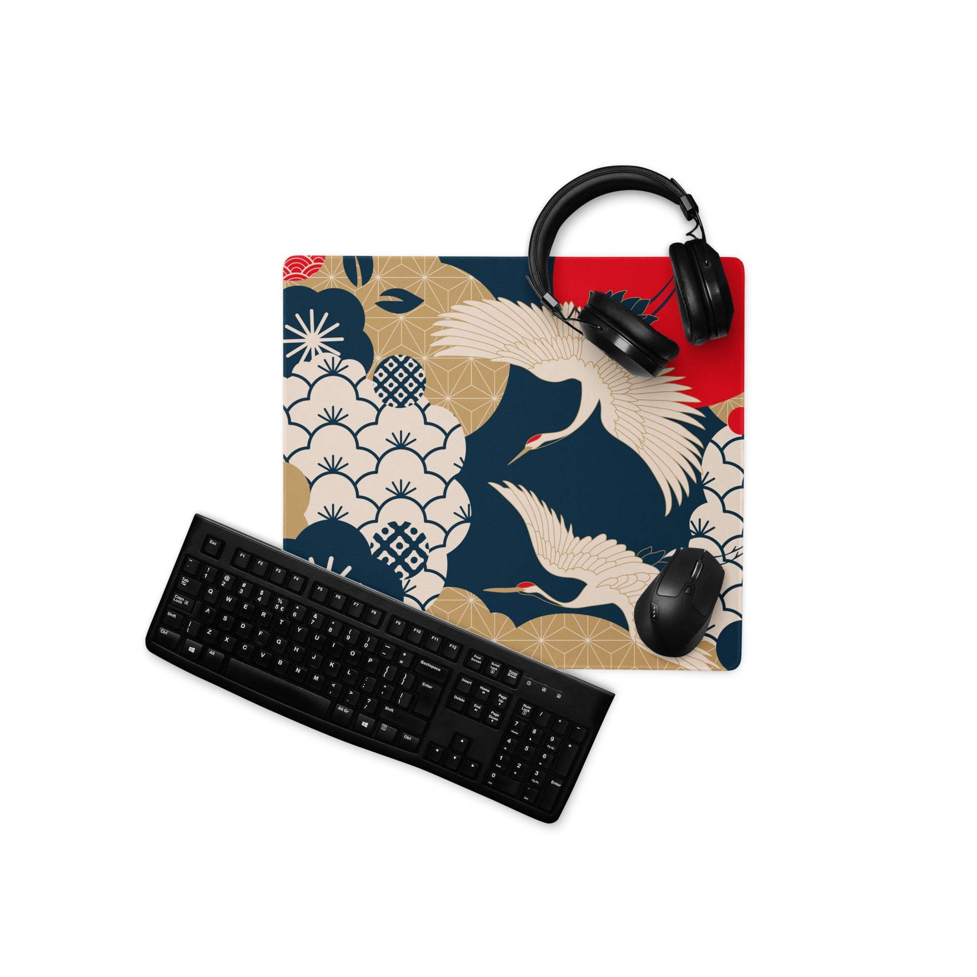 Navy Gold Floral Gaming Mouse Pad - Gaming Mouse Pad Navy Blue Gold Beige Floral Desk Vibrant Mood Modern Floral Print