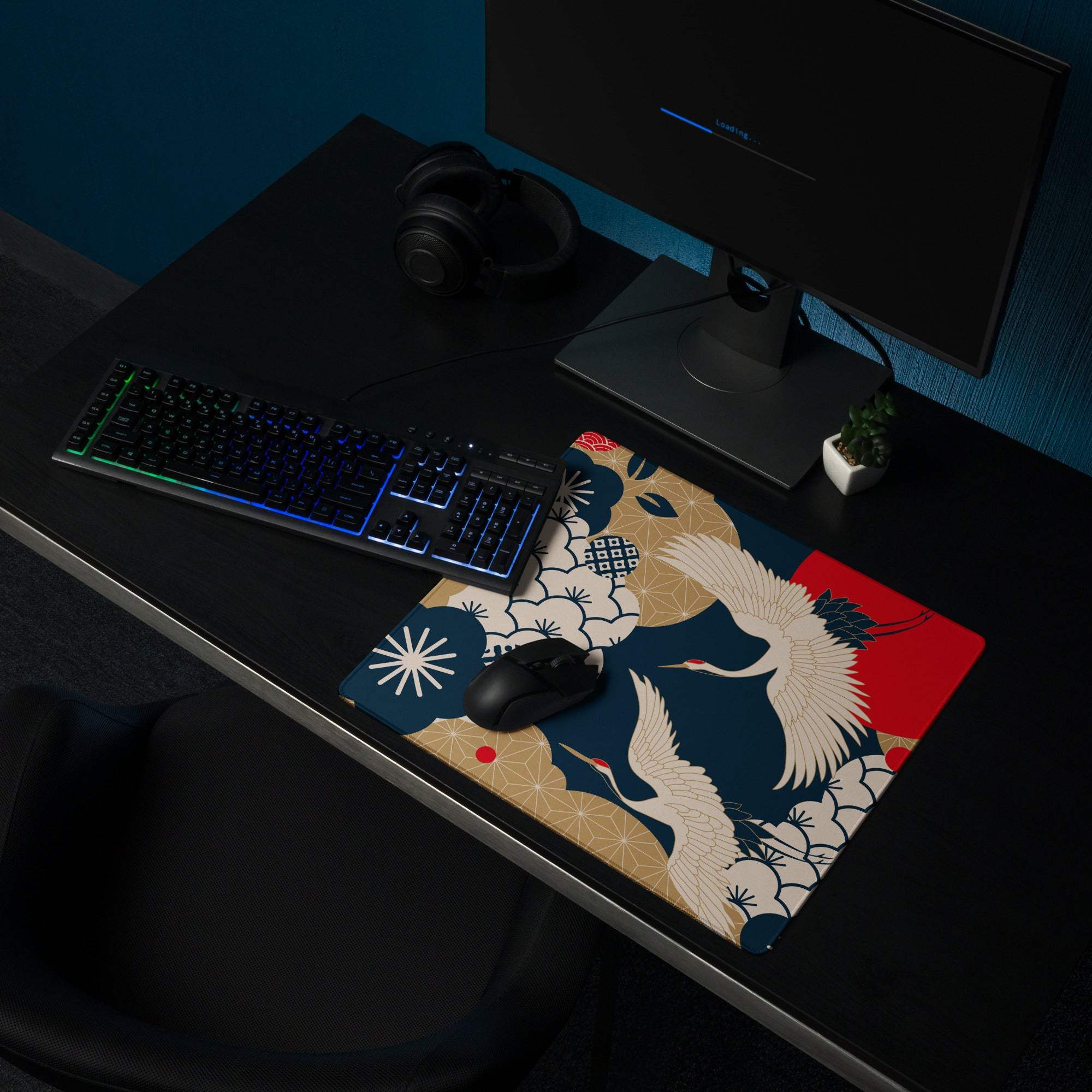 Navy Gold Floral Gaming Mouse Pad - Gaming Mouse Pad Navy Blue Gold Beige Floral Desk Vibrant Mood Modern Floral Print