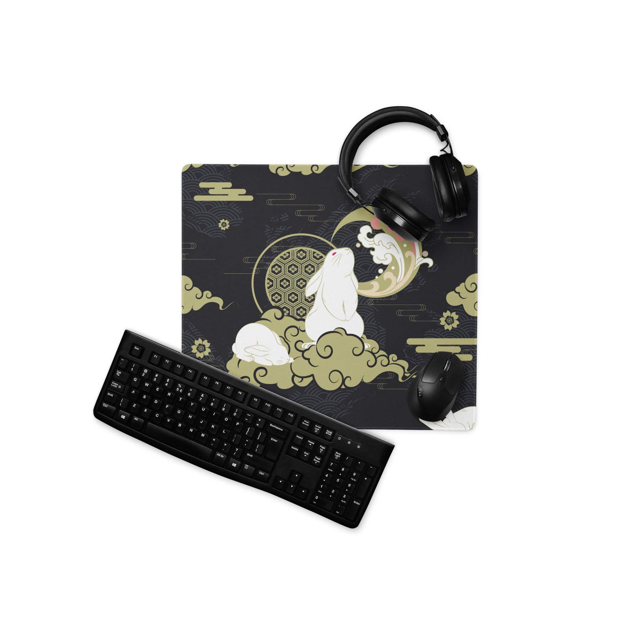 Black gaming mousepad featuring a white moon rabbit design with gold and ivory accents in ukiyo style