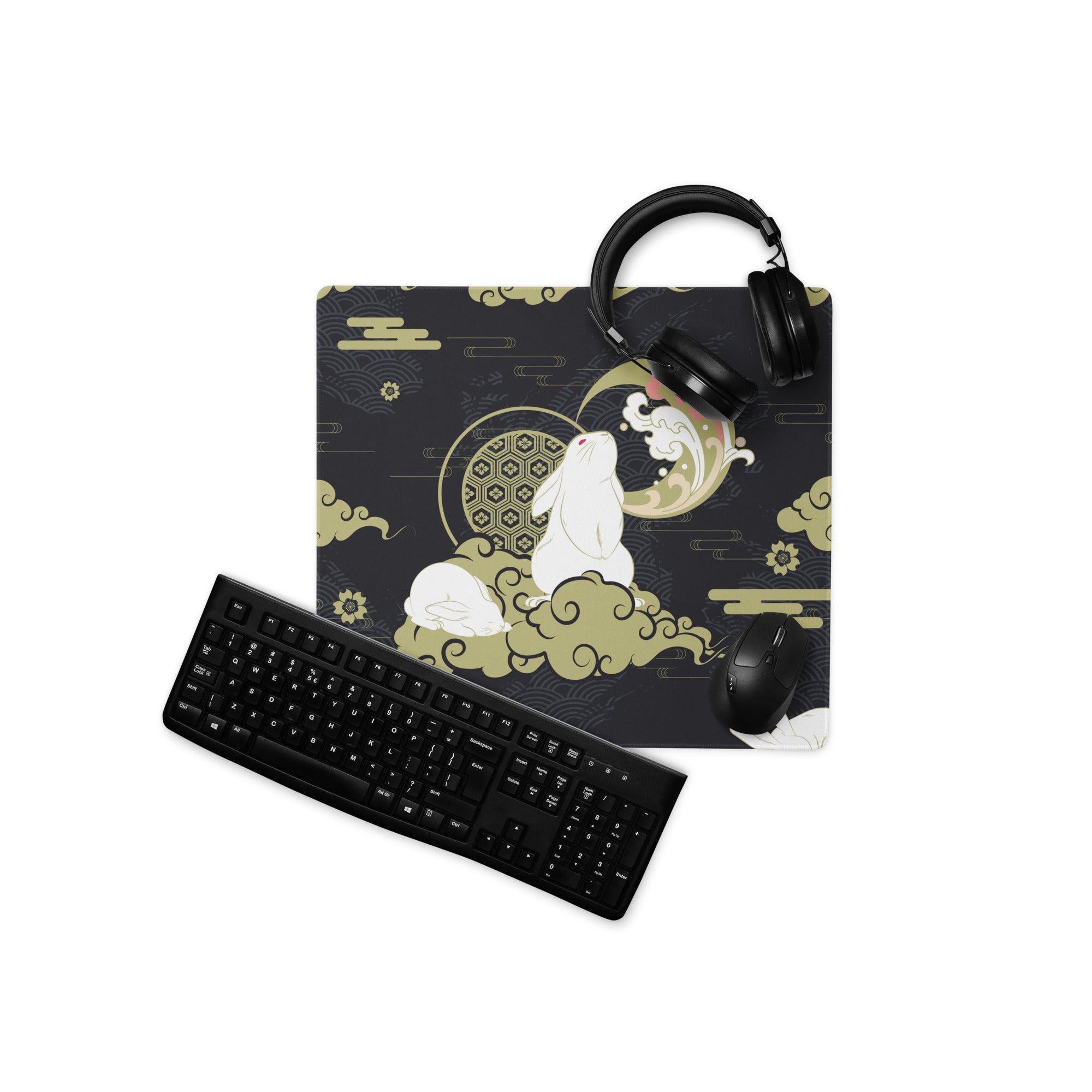 Moon Rabbit Ukiyo Style Gaming Pad - Gaming Mouse Pad Black Gold Ivory Desk Ukiyoe Desk Mat For Gamers Digital Print
