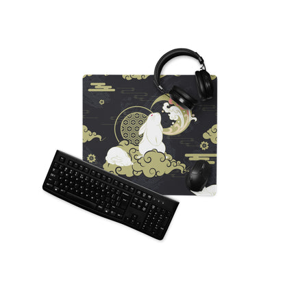 Moon Rabbit Ukiyo Style Gaming Pad - Gaming Mouse Pad Black Gold Ivory Desk Ukiyoe Desk Mat For Gamers Digital Print