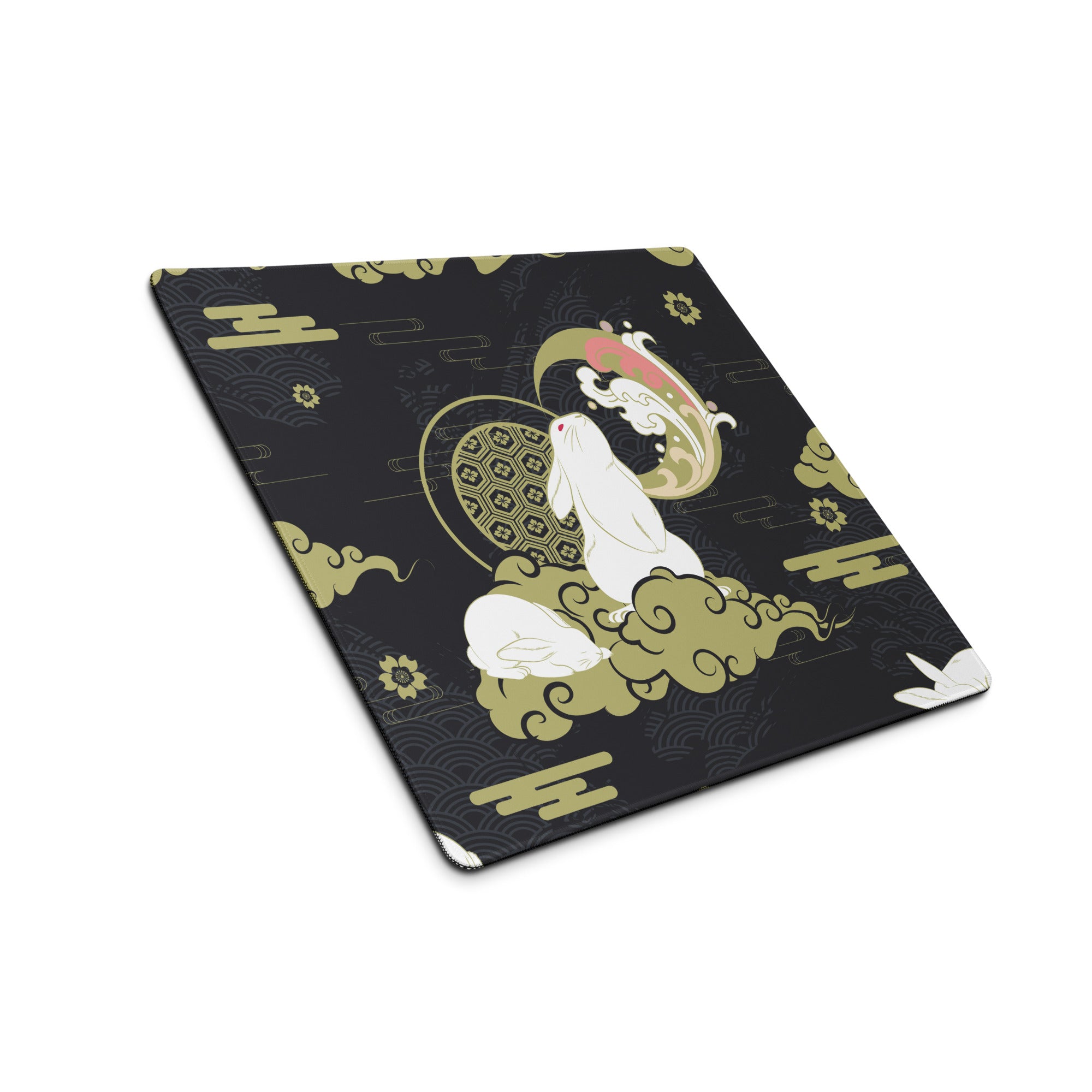 Moon Rabbit Ukiyo Style Gaming Pad - Gaming Mouse Pad Black Gold Ivory Desk Ukiyoe Desk Mat For Gamers Digital Print