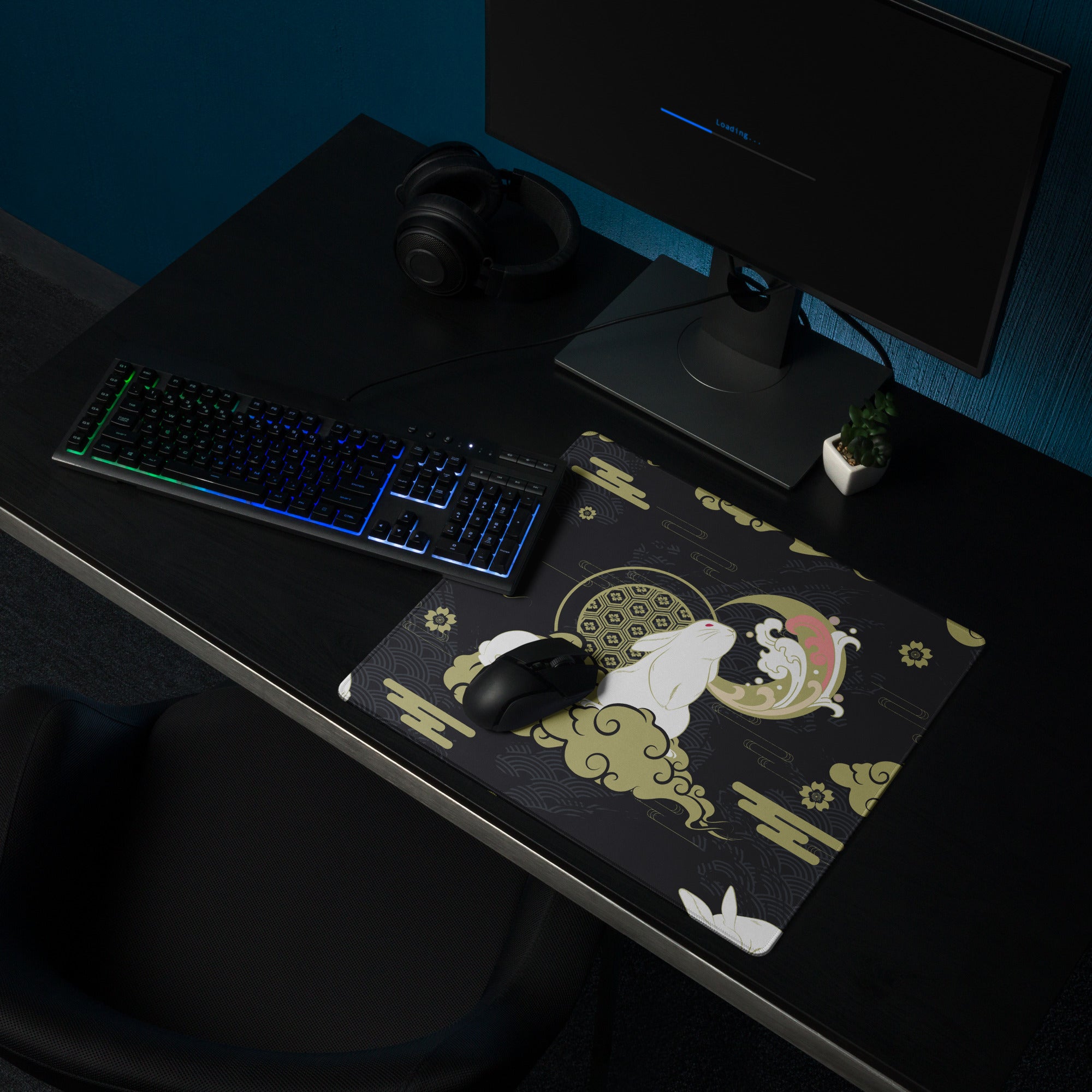 Moon Rabbit Ukiyo Style Gaming Pad - Gaming Mouse Pad Black Gold Ivory Desk Ukiyoe Desk Mat For Gamers Digital Print