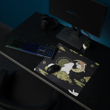 Moon Rabbit Ukiyo Style Gaming Pad - Gaming Mouse Pad Black Gold Ivory Desk Ukiyoe Desk Mat For Gamers Digital Print