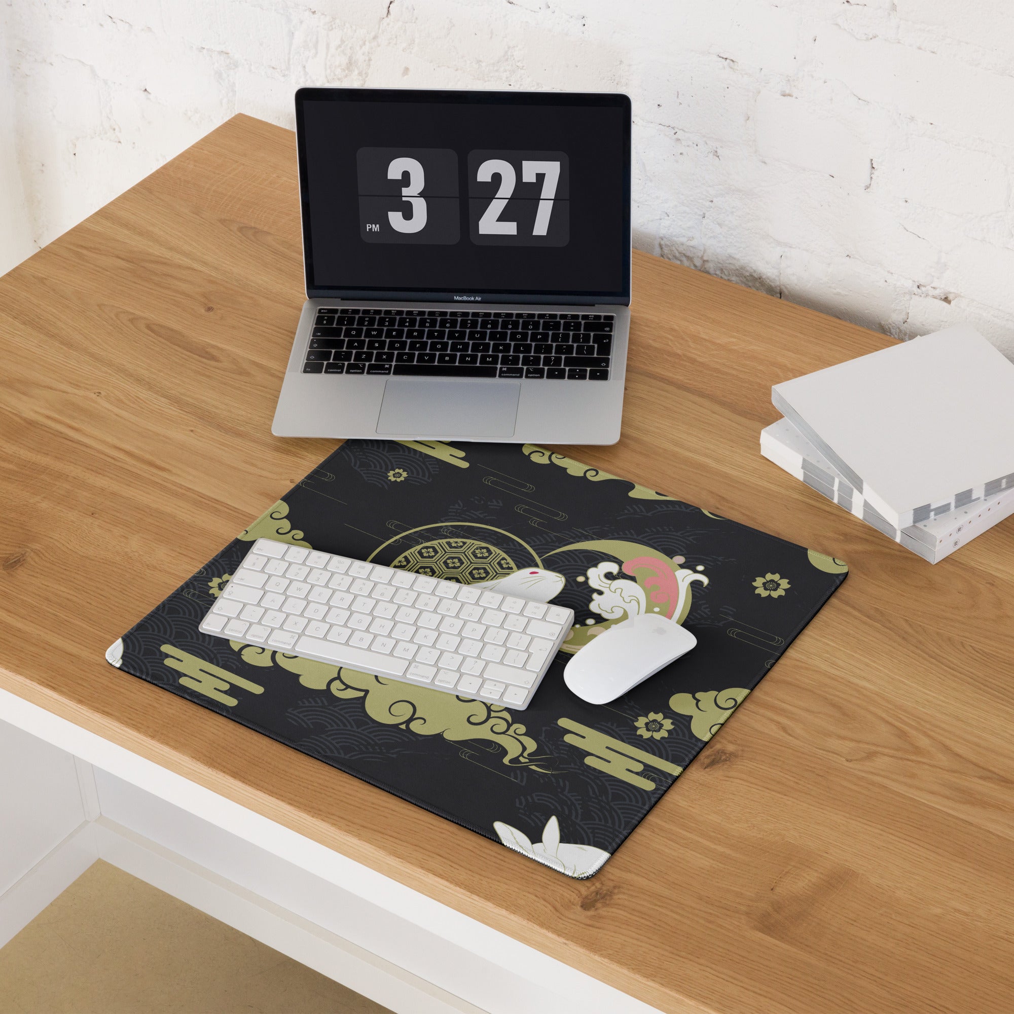 Moon Rabbit Ukiyo Style Gaming Pad - Gaming Mouse Pad Black Gold Ivory Desk Ukiyoe Desk Mat For Gamers Digital Print