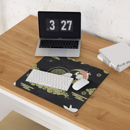Moon Rabbit Ukiyo Style Gaming Pad - Gaming Mouse Pad Black Gold Ivory Desk Ukiyoe Desk Mat For Gamers Digital Print