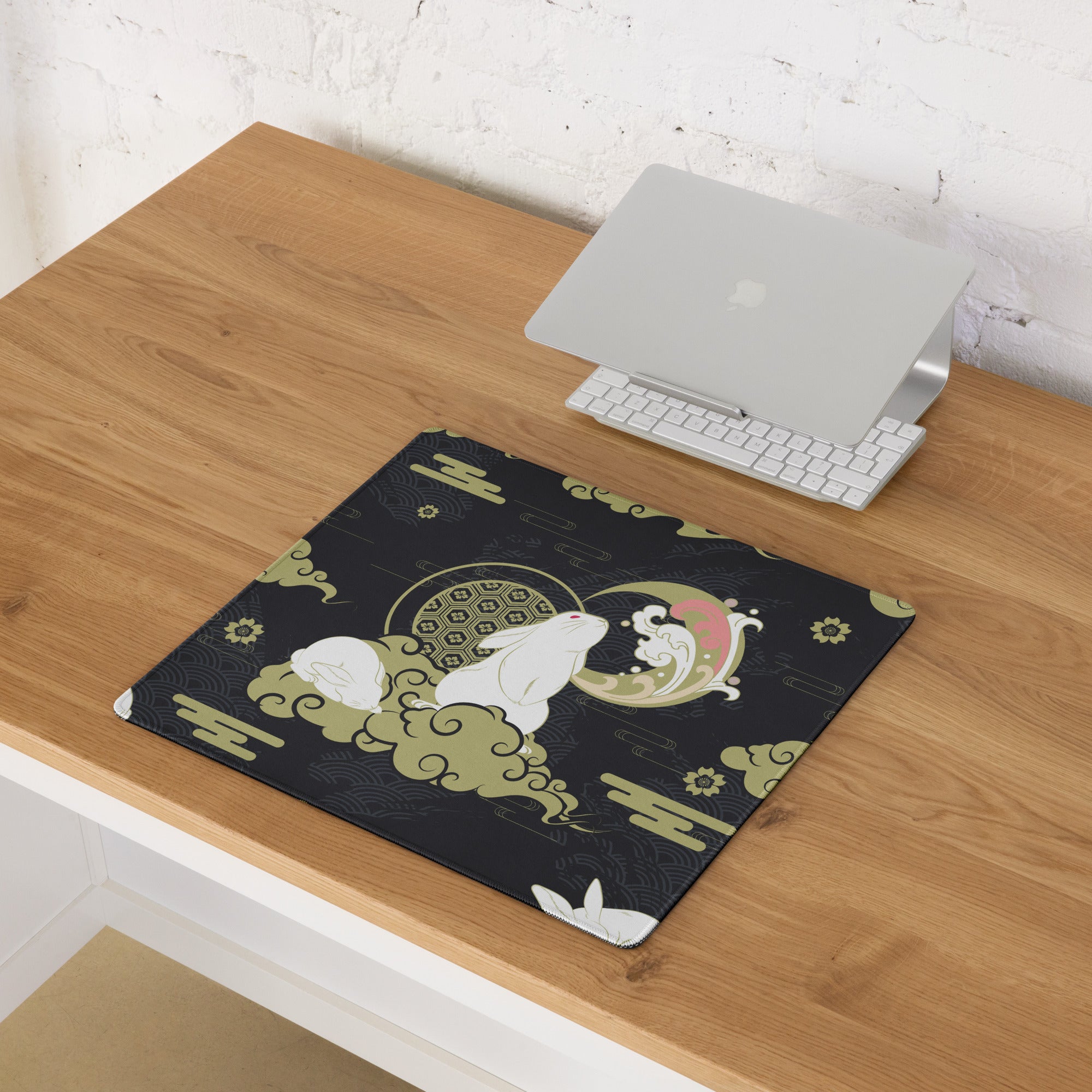 Moon Rabbit Ukiyo Style Gaming Pad - Gaming Mouse Pad Black Gold Ivory Desk Ukiyoe Desk Mat For Gamers Digital Print