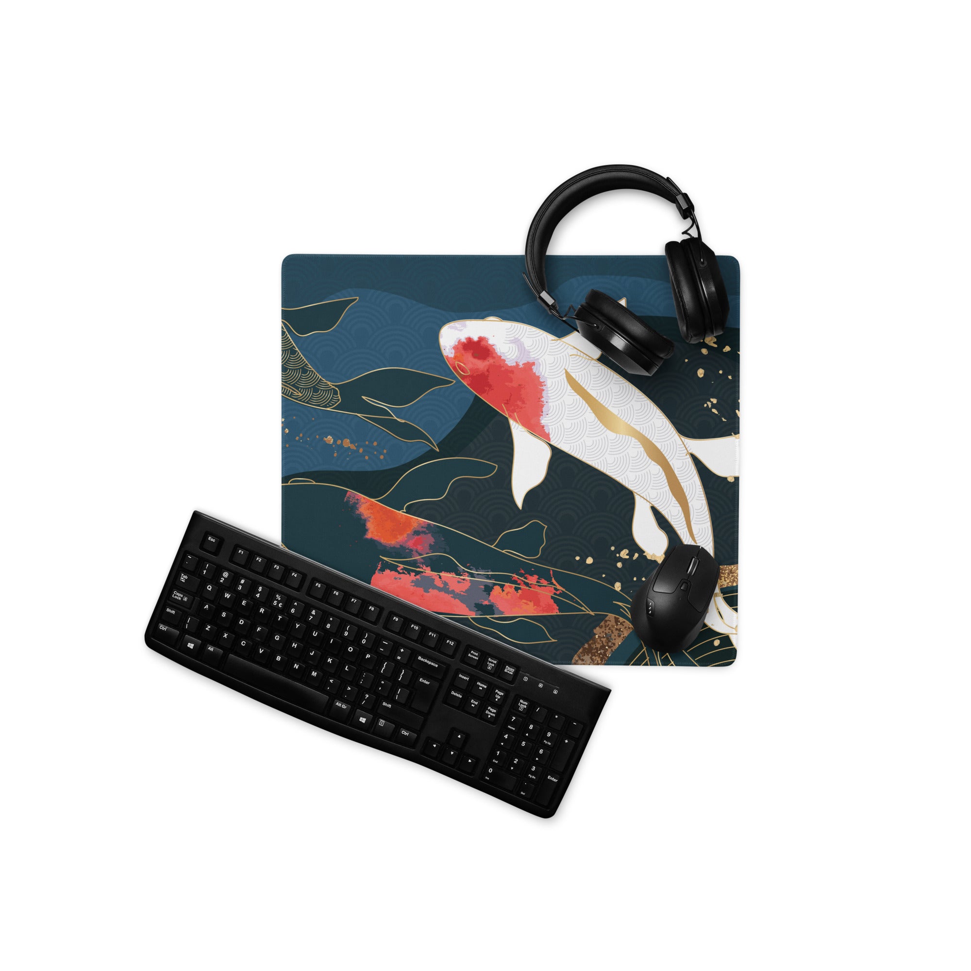 Koi Fish Zen Gaming Mouse Pad - Koi Fish Blue Gold Desk Mouse Pad Japanese Ukiyoe Soothing Mood Japanese Desk Art