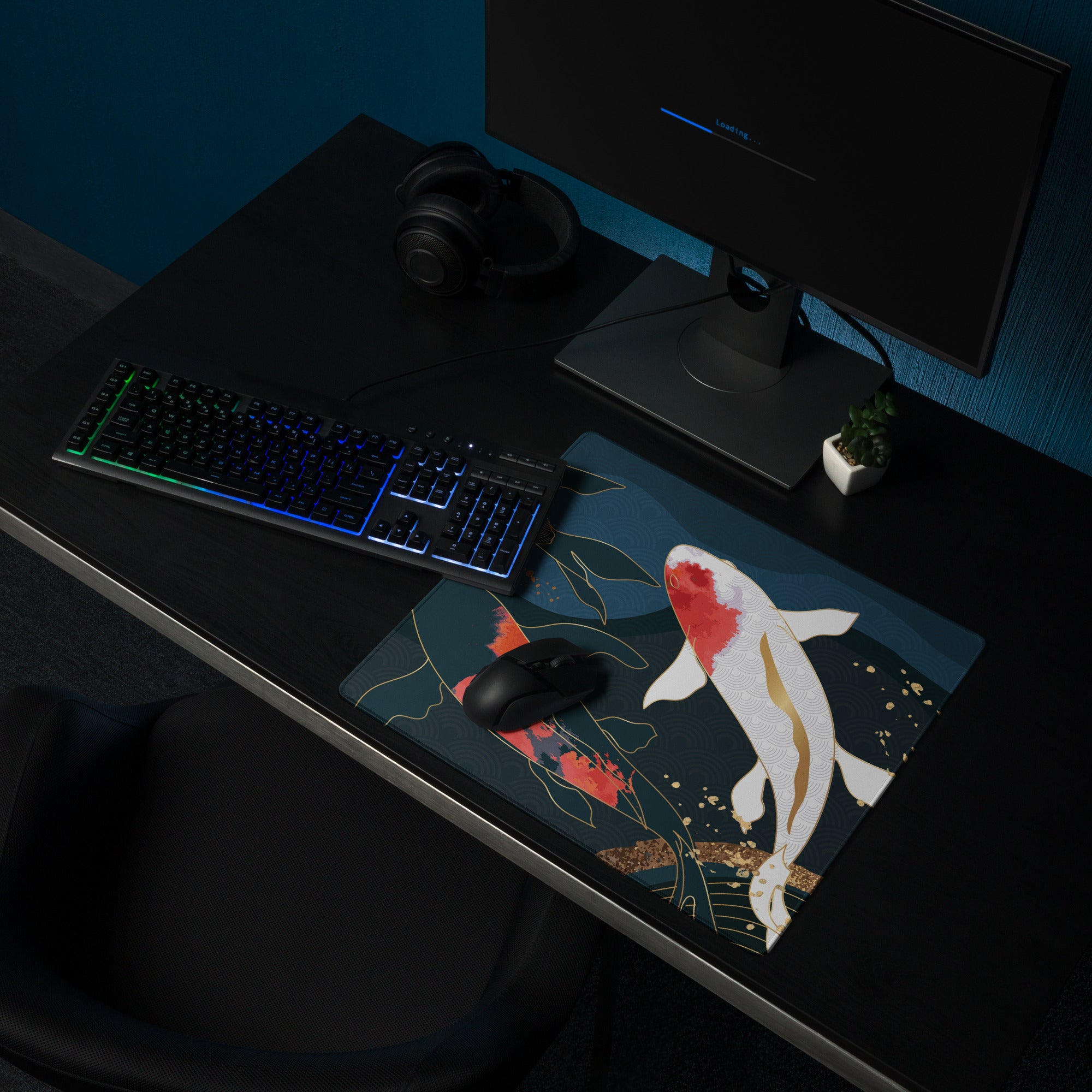 Koi Fish Zen Gaming Mouse Pad - Koi Fish Blue Gold Desk Mouse Pad Japanese Ukiyoe Soothing Mood Japanese Desk Art