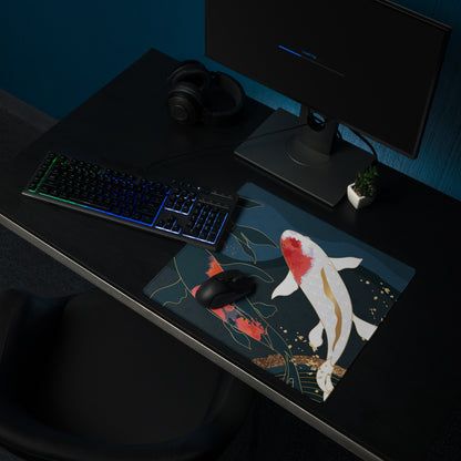Koi Fish Zen Gaming Mouse Pad - Koi Fish Blue Gold Desk Mouse Pad Japanese Ukiyoe Soothing Mood Japanese Desk Art