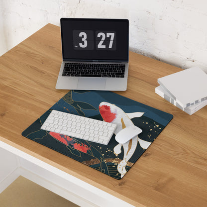 Koi Fish Zen Gaming Mouse Pad - Koi Fish Blue Gold Desk Mouse Pad Japanese Ukiyoe Soothing Mood Japanese Desk Art
