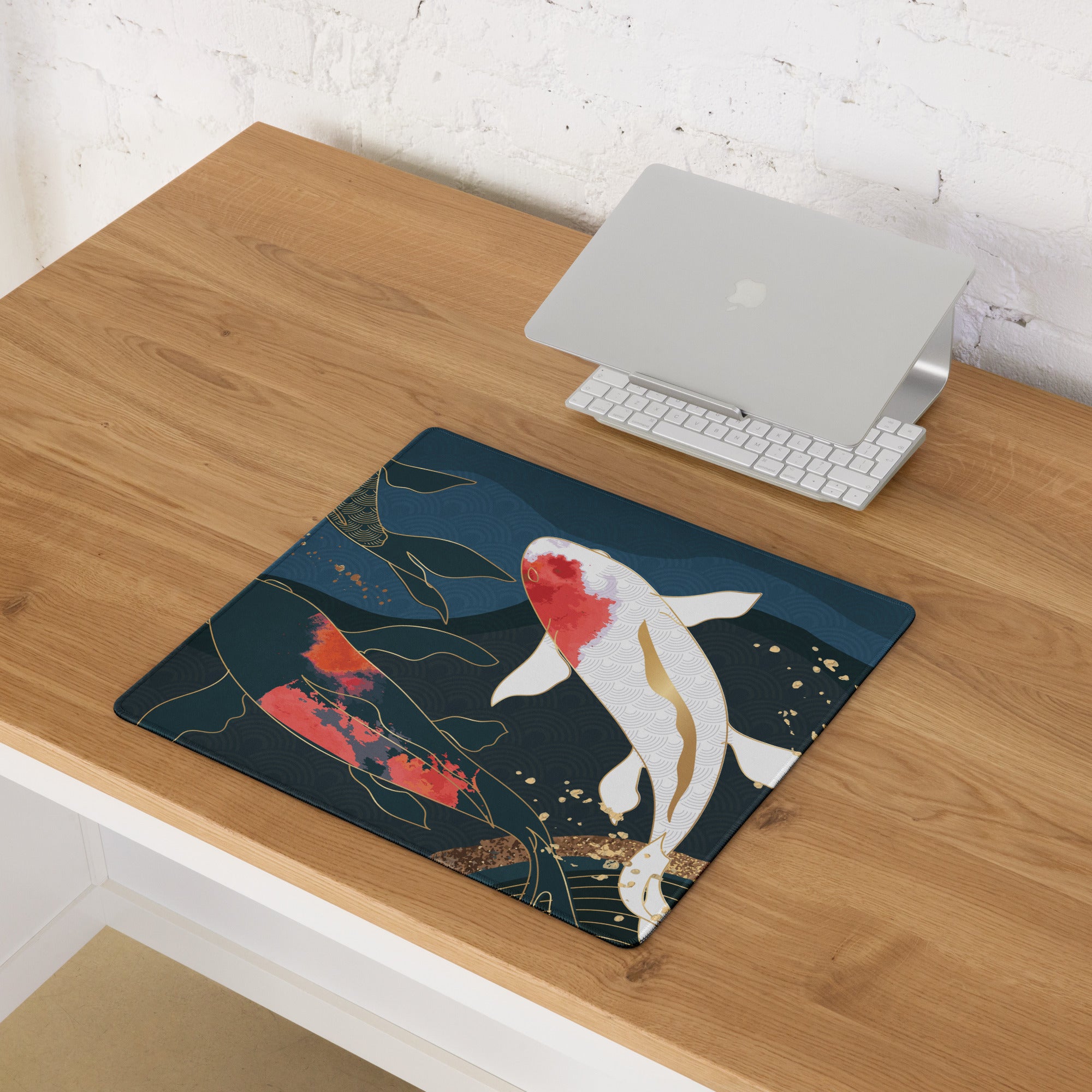 Koi Fish Zen Gaming Mouse Pad - Koi Fish Blue Gold Desk Mouse Pad Japanese Ukiyoe Soothing Mood Japanese Desk Art