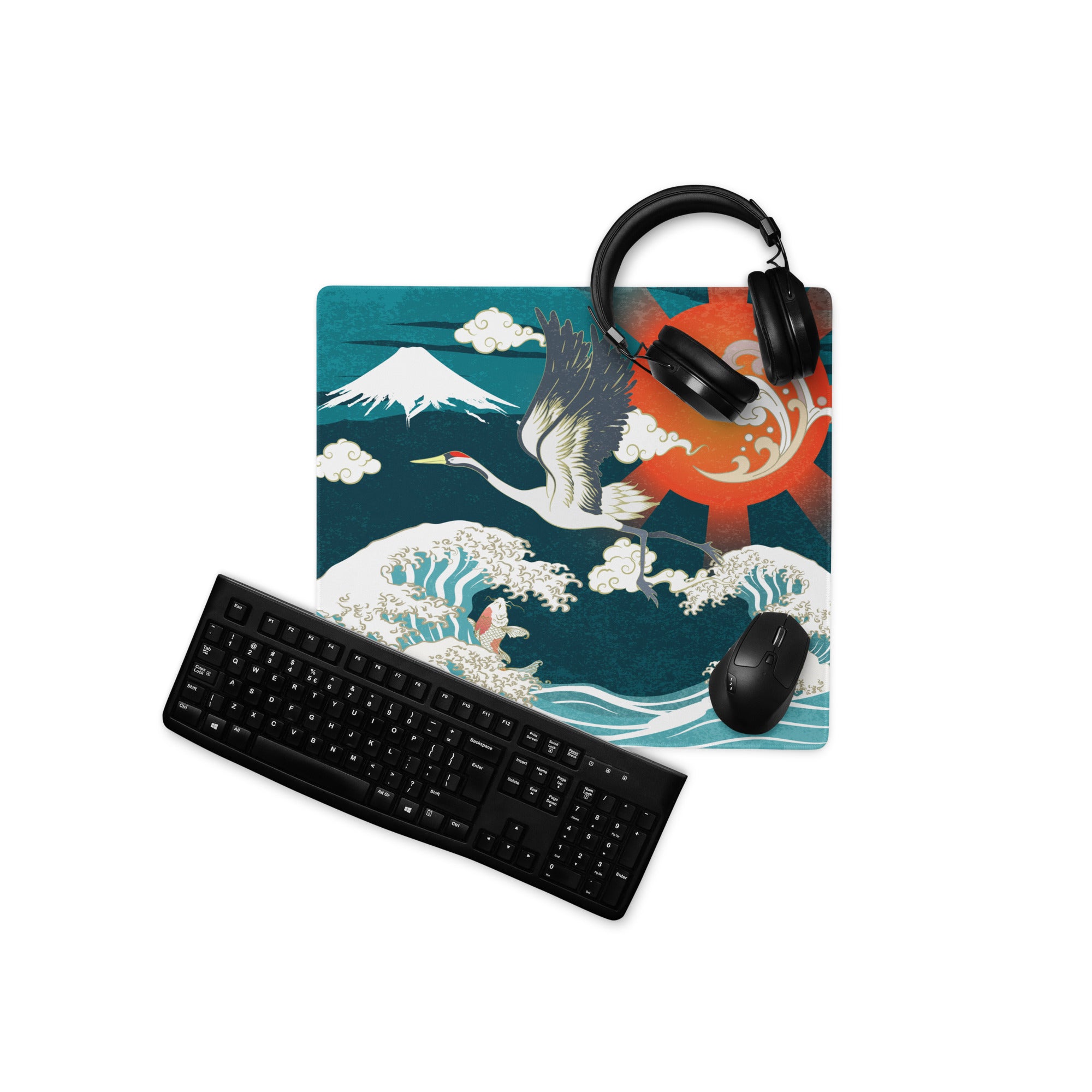 Crane Waves Ukiyo-e Desk Pad - Crane Waves Desk Pad Teal Blue White Ukiyo-e Gaming Bold Mood Japanese Decor Mouse Pad
