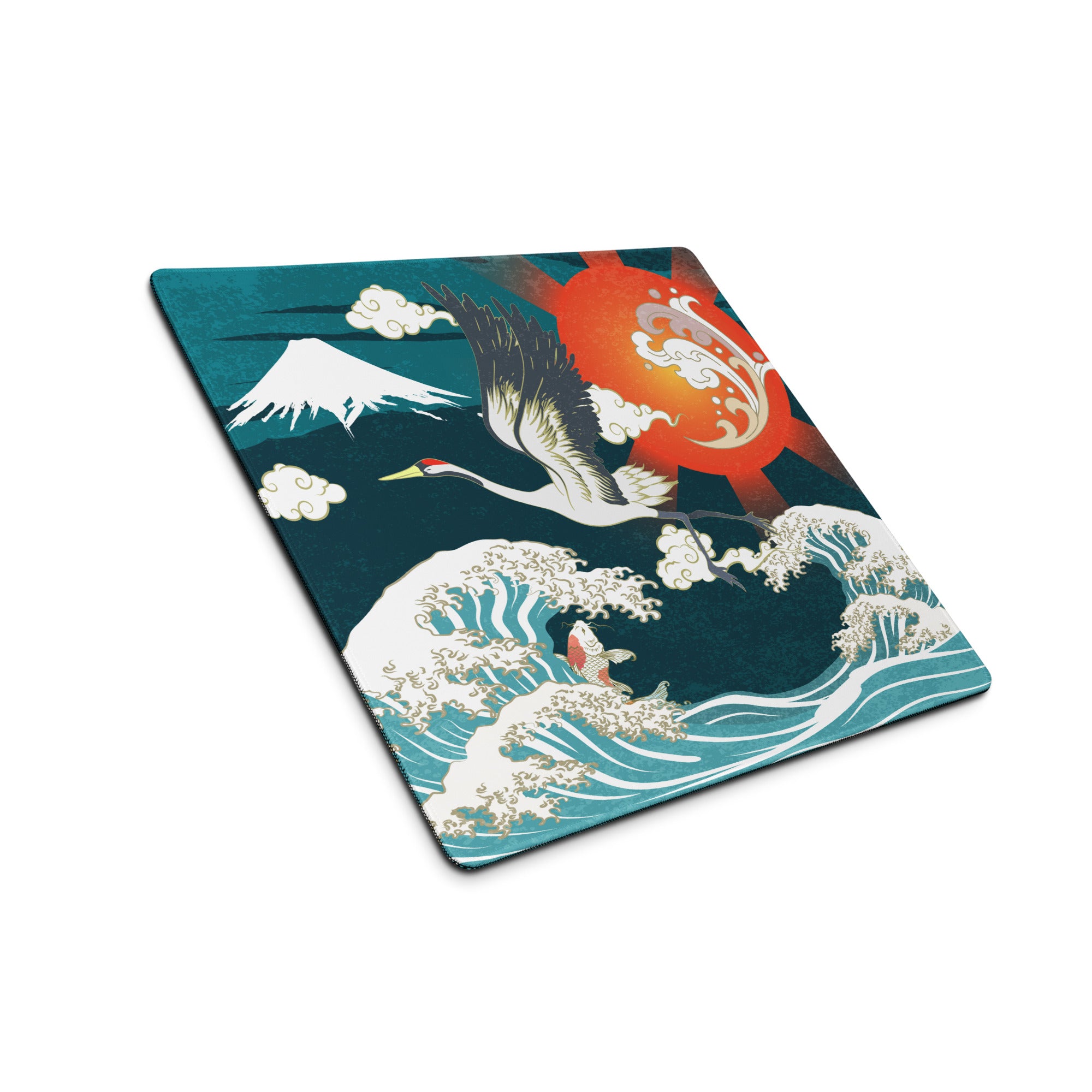 Crane Waves Ukiyo-e Desk Pad - Crane Waves Desk Pad Teal Blue White Ukiyo-e Gaming Bold Mood Japanese Decor Mouse Pad
