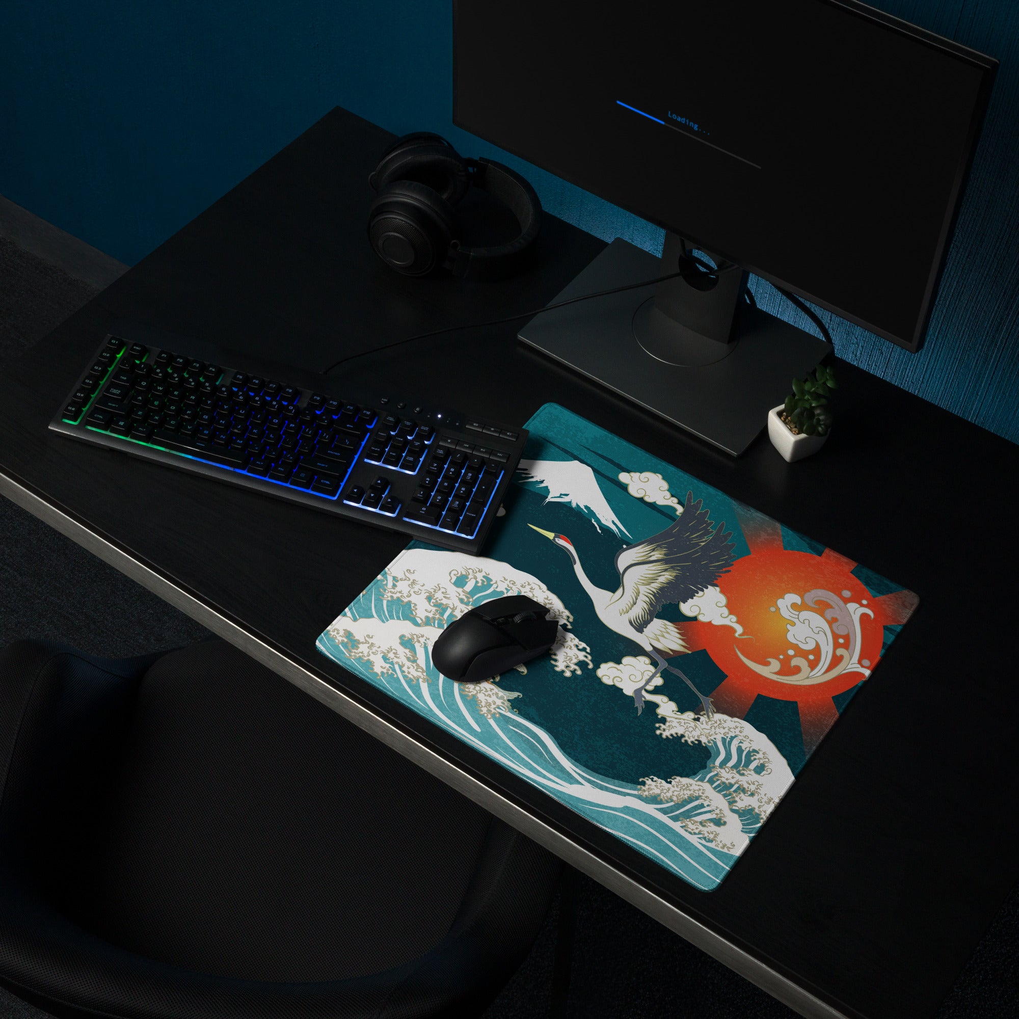 Crane Waves Ukiyo-e Desk Pad - Crane Waves Desk Pad Teal Blue White Ukiyo-e Gaming Bold Mood Japanese Decor Mouse Pad