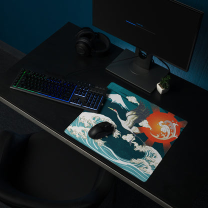 Crane Waves Ukiyo-e Desk Pad - Crane Waves Desk Pad Teal Blue White Ukiyo-e Gaming Bold Mood Japanese Decor Mouse Pad