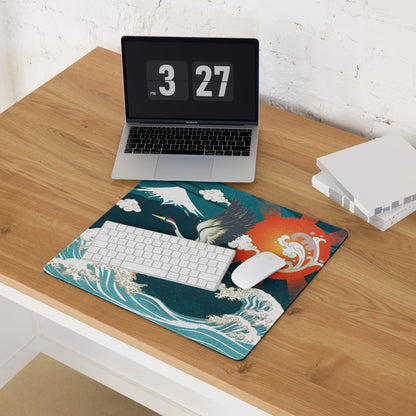 Crane Waves Ukiyo-e Desk Pad - Crane Waves Desk Pad Teal Blue White Ukiyo-e Gaming Bold Mood Japanese Decor Mouse Pad