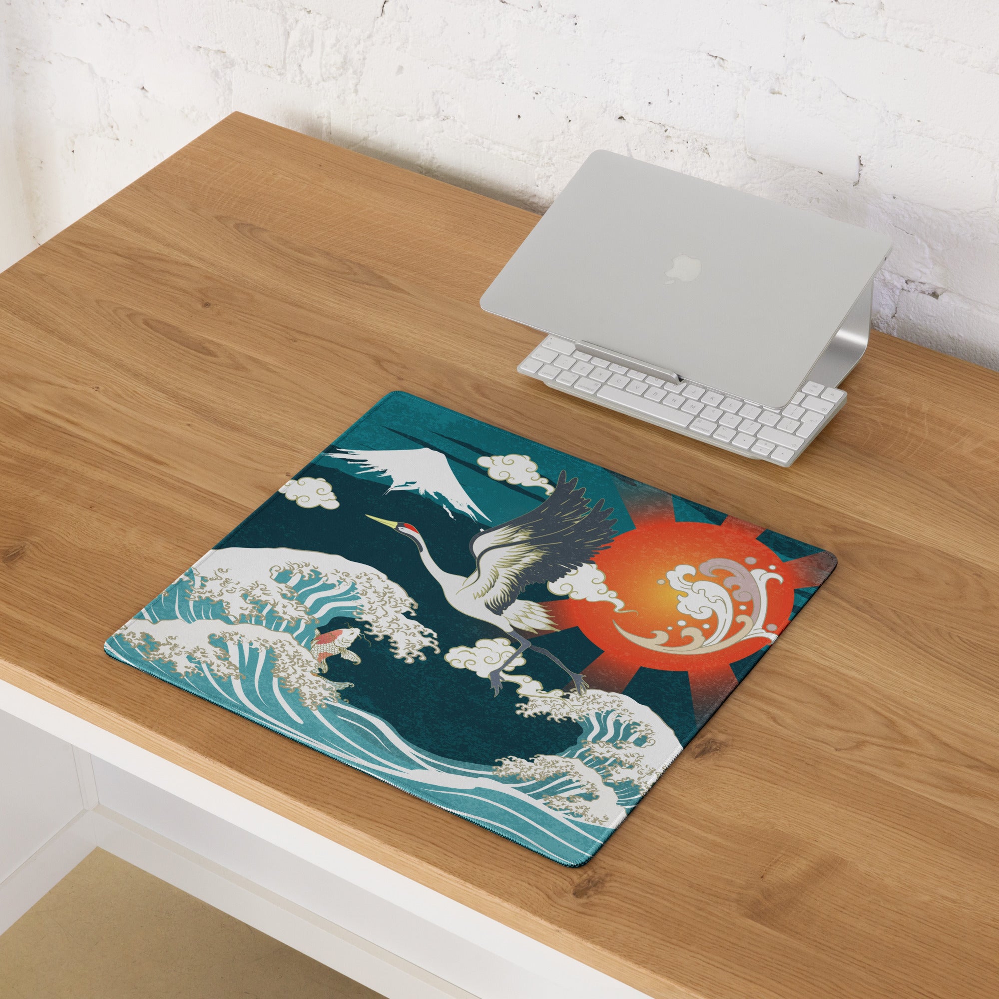 Crane Waves Ukiyo-e Desk Pad - Crane Waves Desk Pad Teal Blue White Ukiyo-e Gaming Bold Mood Japanese Decor Mouse Pad