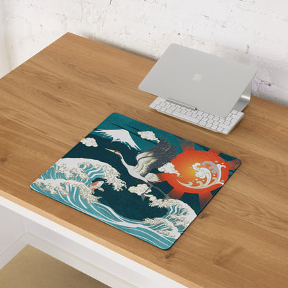 Crane Waves Ukiyo-e Desk Pad - Crane Waves Desk Pad Teal Blue White Ukiyo-e Gaming Bold Mood Japanese Decor Mouse Pad
