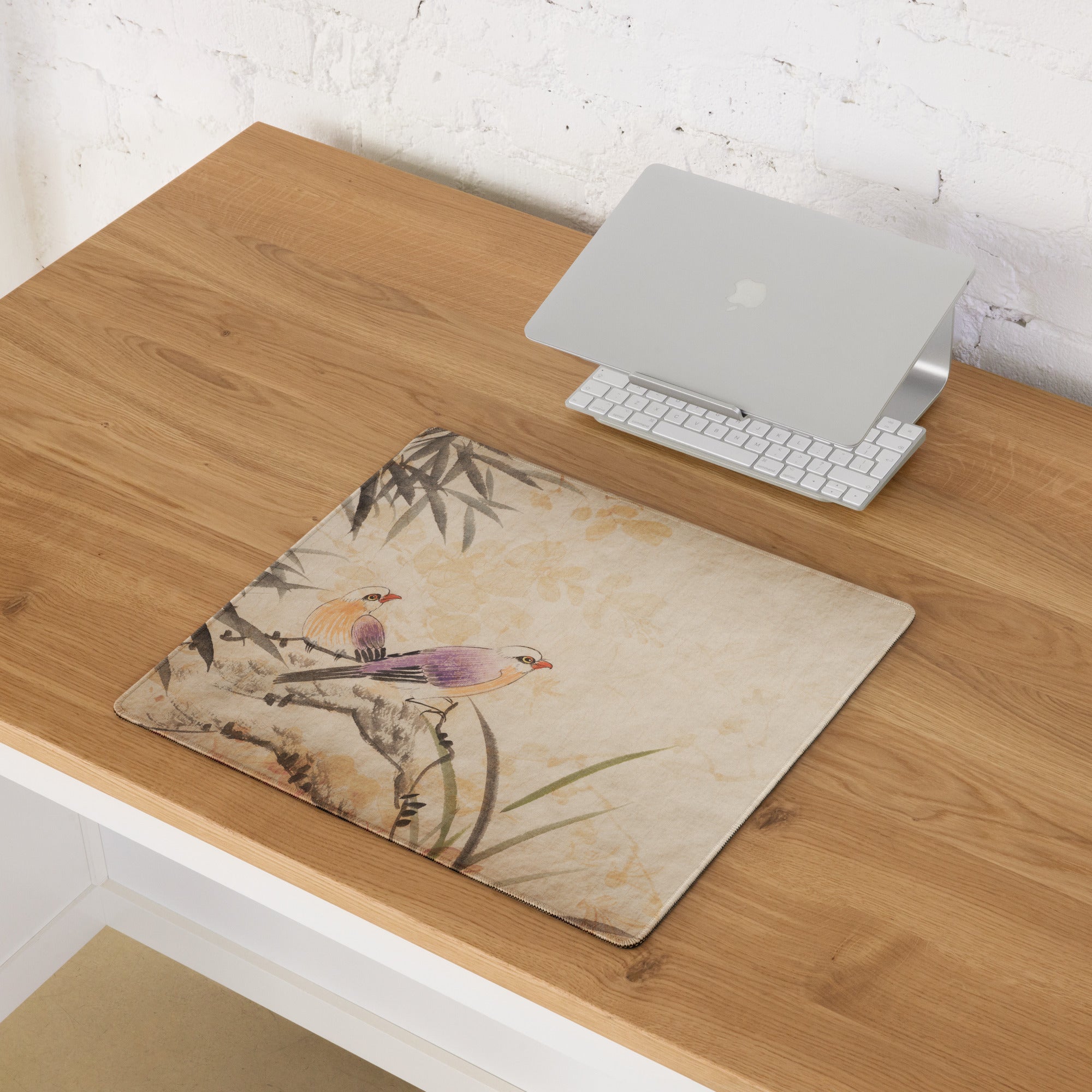 Vintage Bird Illustration Mouse Pad - Bird Illustration Beige Desk Vintage - Nostalgic Mood Rustic Vintage Desk Mat Art