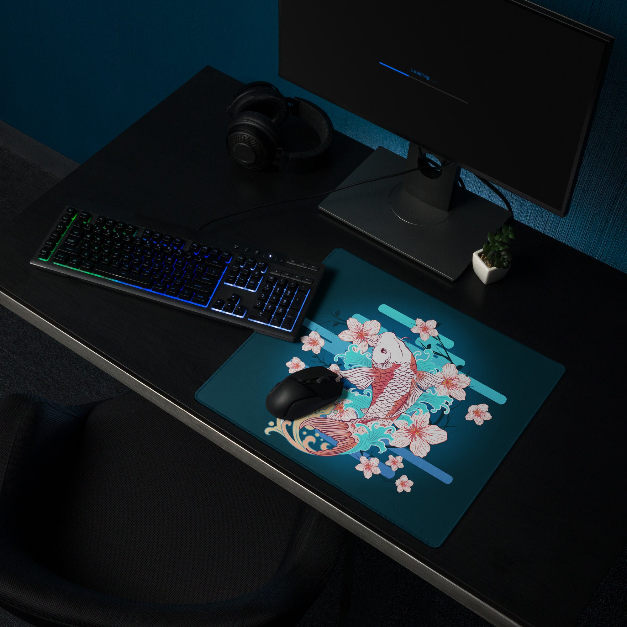Koi And Cherry Blossom Gaming Desk Pad - Koi Blue Teal Pink Gaming Desk Pad Vibrant Mood Modern Decor Koi Desk Mat Art