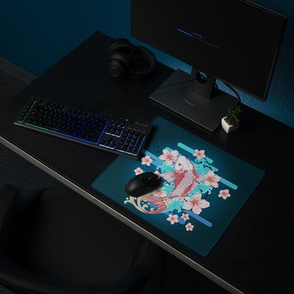 Koi And Cherry Blossom Gaming Desk Pad - Koi Blue Teal Pink Gaming Desk Pad Vibrant Mood Modern Decor Koi Desk Mat Art