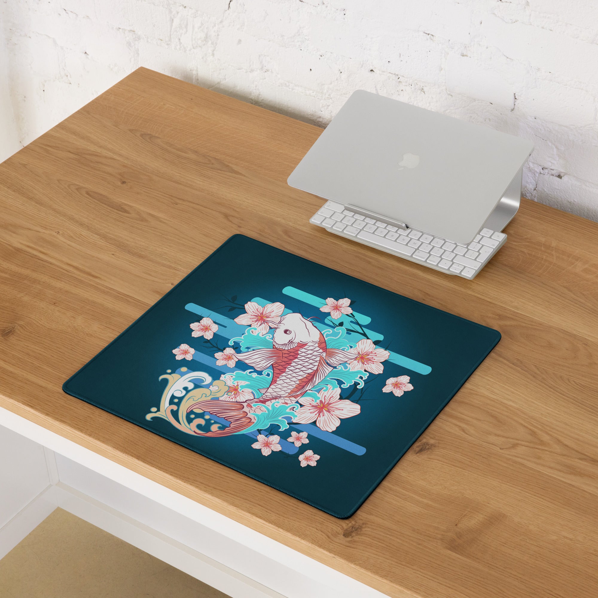Koi And Cherry Blossom Gaming Desk Pad - Koi Blue Teal Pink Gaming Desk Pad Vibrant Mood Modern Decor Koi Desk Mat Art